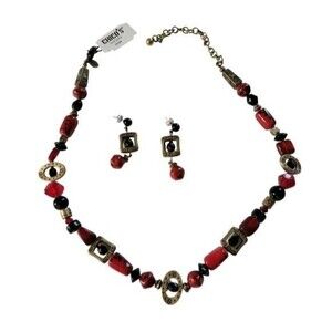 New Chico's Ethnic Red Black Ceramic & Brass Tone Beaded Necklace Earrings Set